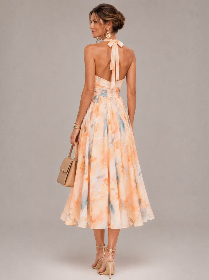 Daniela | Vestido midi con acuarela en albaricoque