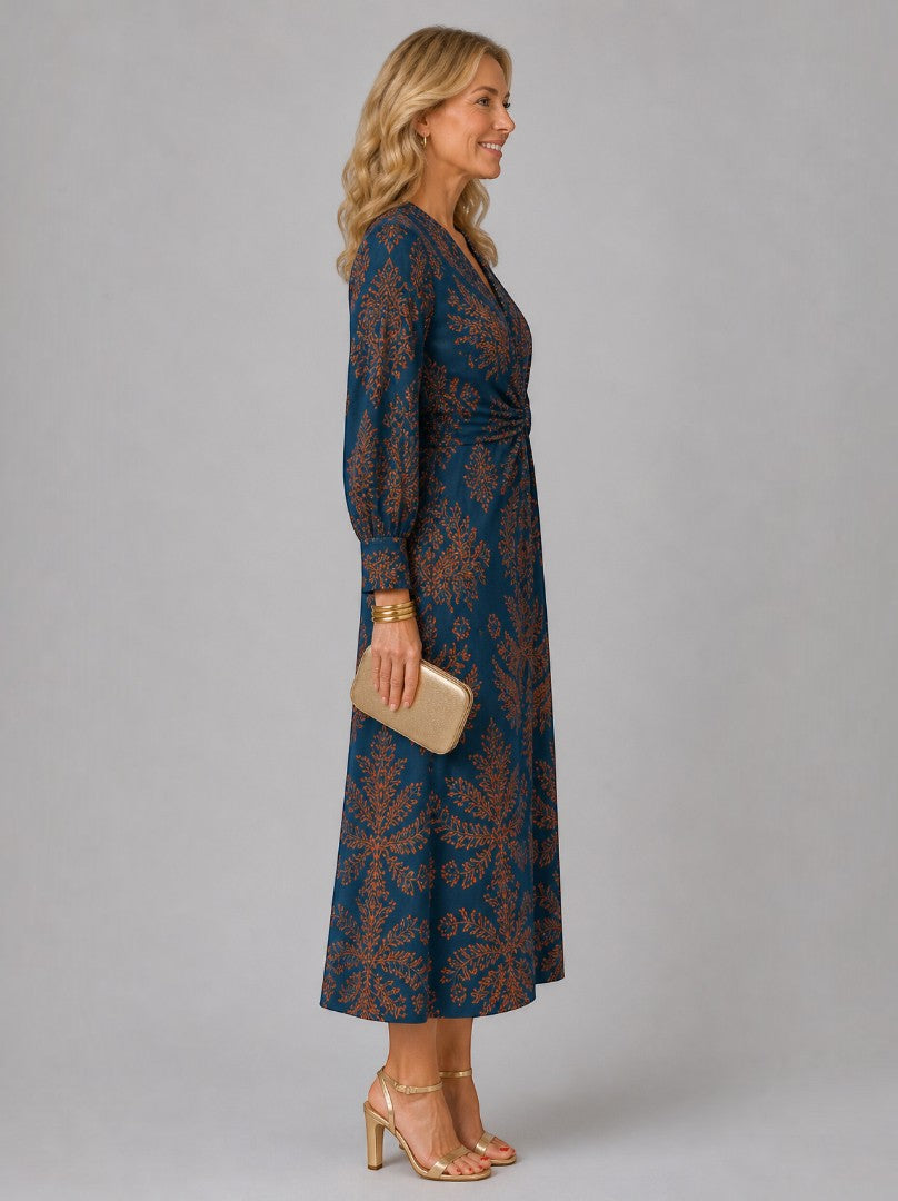 Alba | Vestido midi con motivo floral en azul petróleo