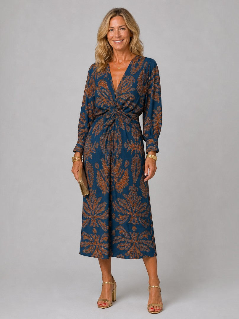 Alba | Vestido midi con motivo floral en azul petróleo