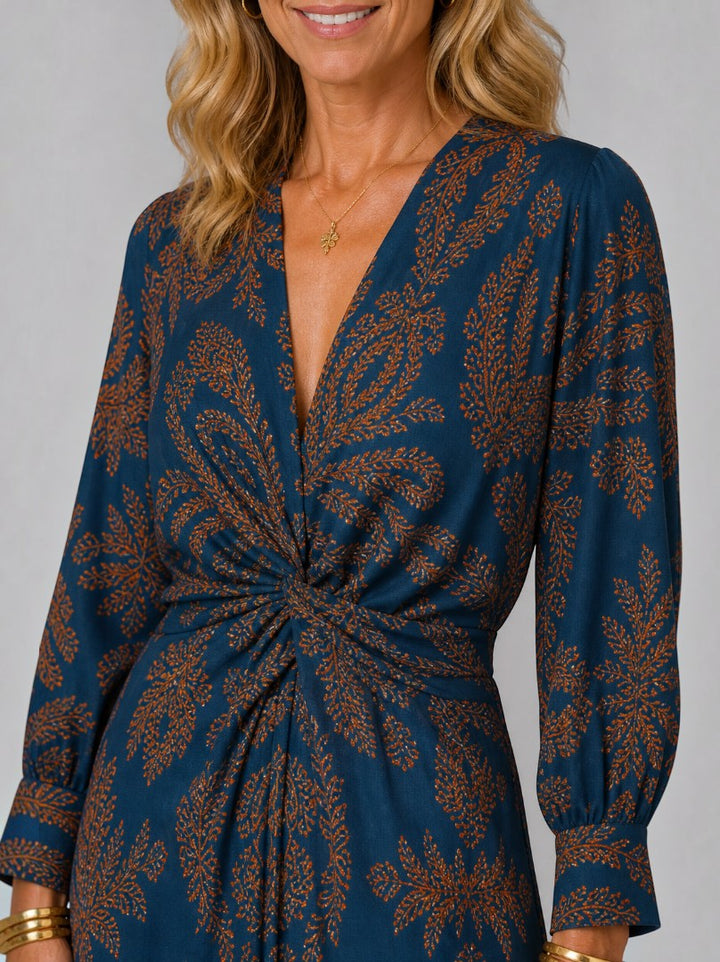 Alba | Vestido midi con motivo floral en azul petróleo