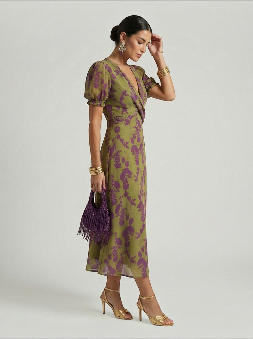 Ángela | Vestido midi con enredaderas sobre verde oliva