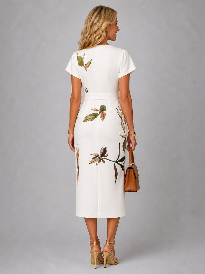 Andrea | Vestido cruzado en marfil con estampado de hojas