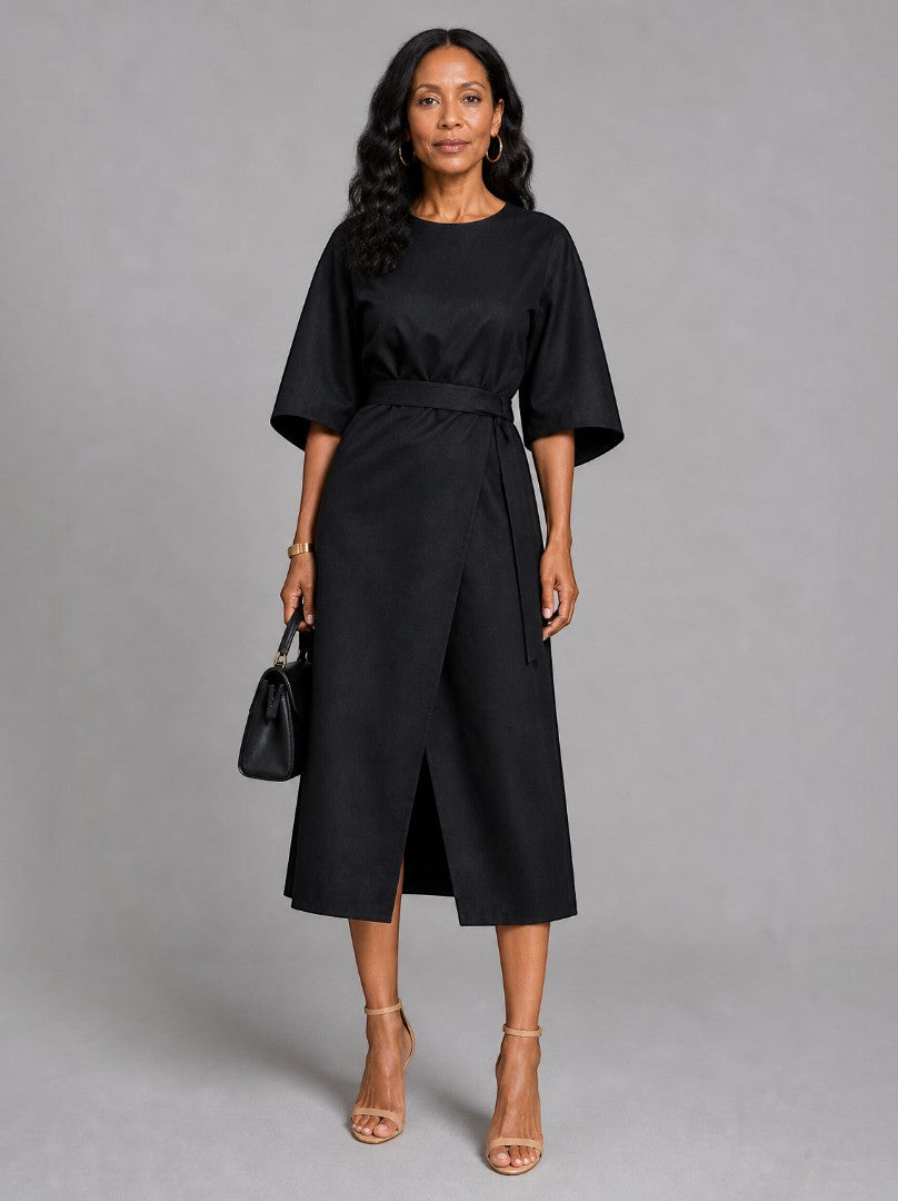 Ariadna | Vestido midi negro con cinturón de lazo