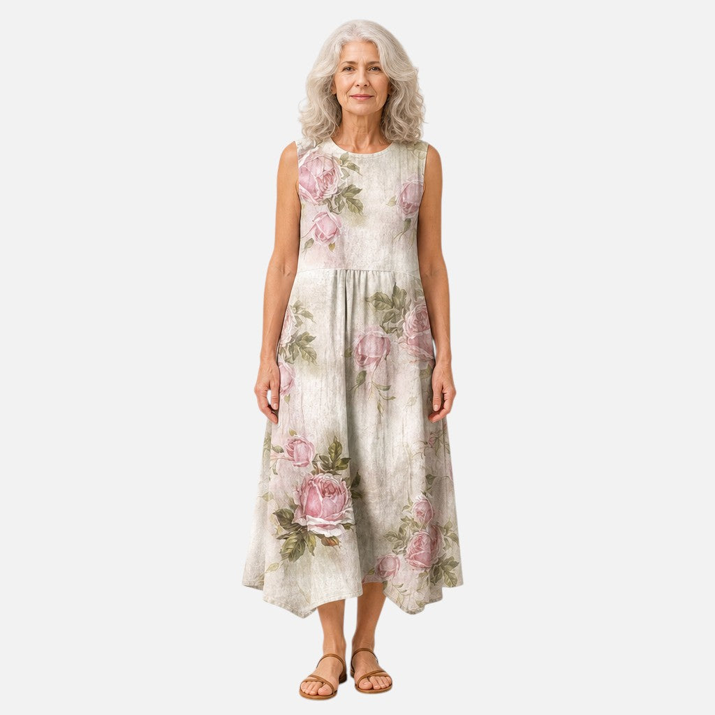 Beatriz | Vestido midi sin mangas con rosas sobre crema