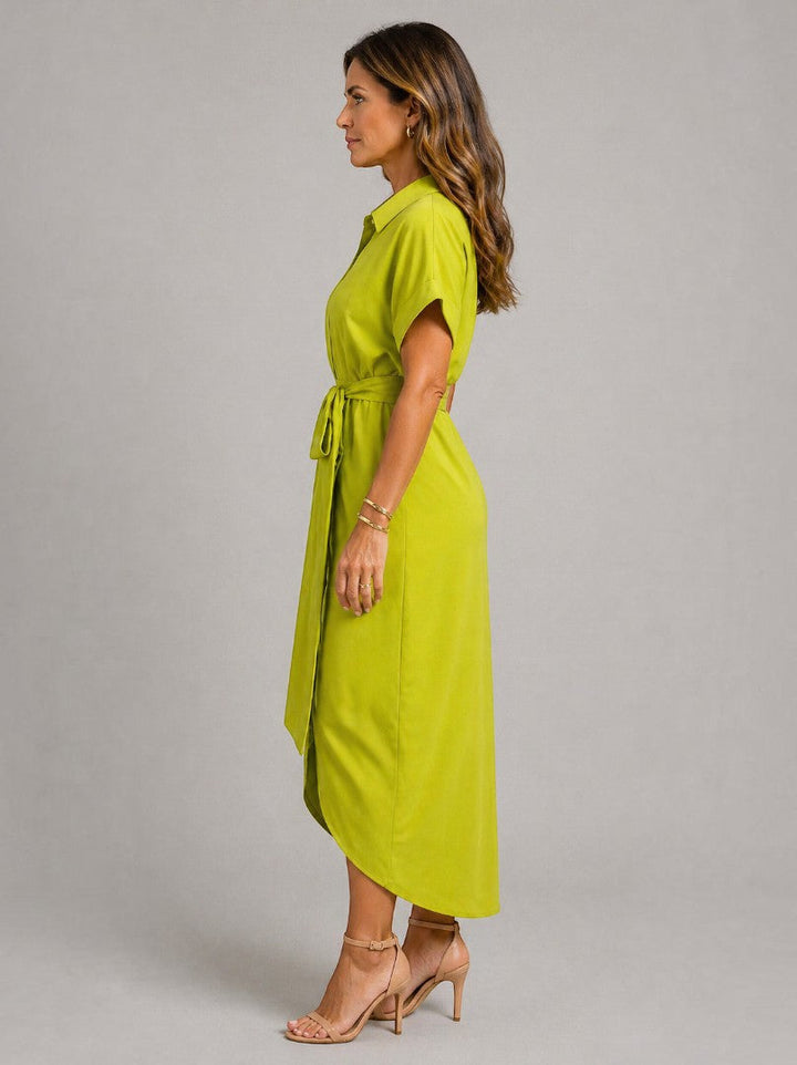 Carlota | Vestido midi verde lima con nudo en la cintura