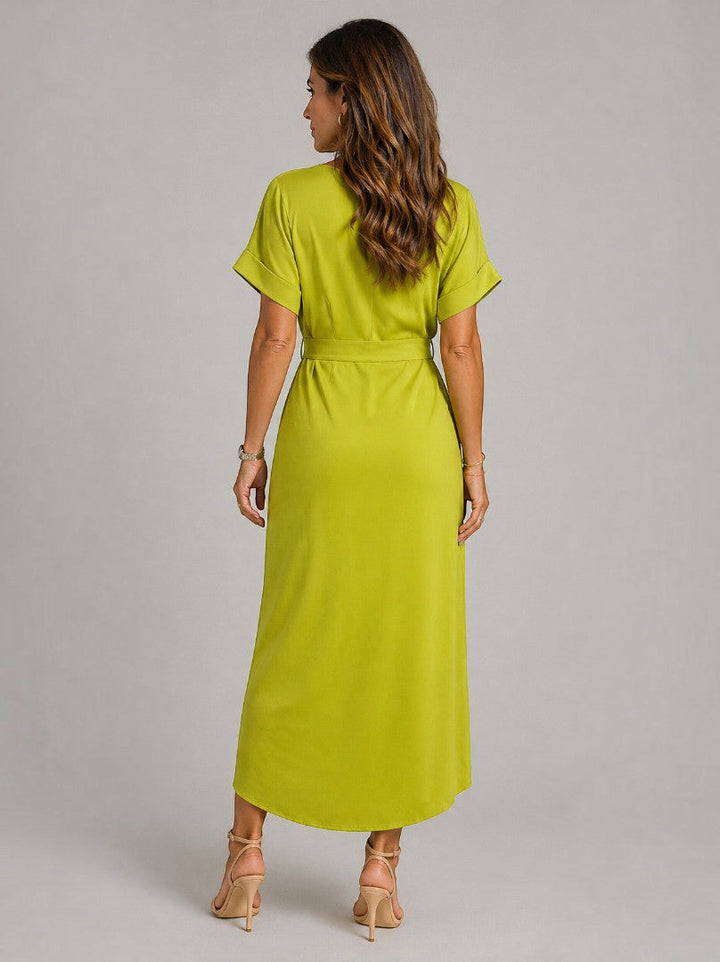 Carlota | Vestido midi verde lima con nudo en la cintura