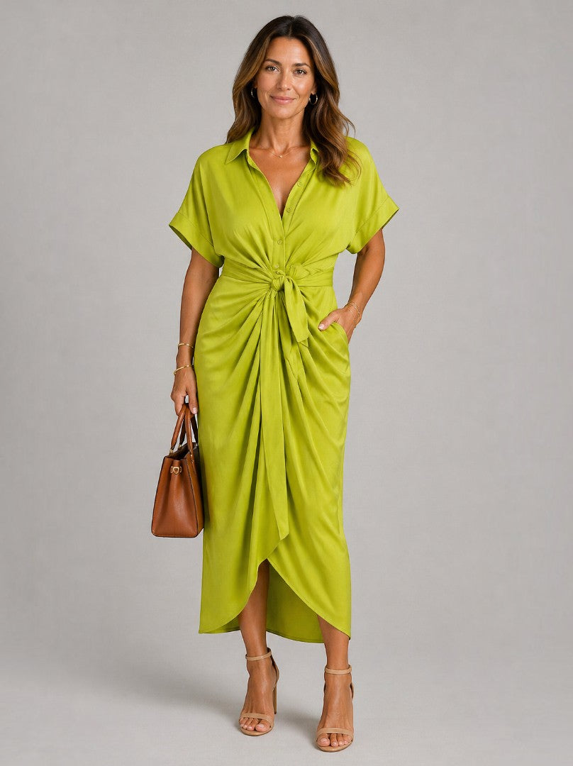 Carlota | Vestido midi verde lima con nudo en la cintura