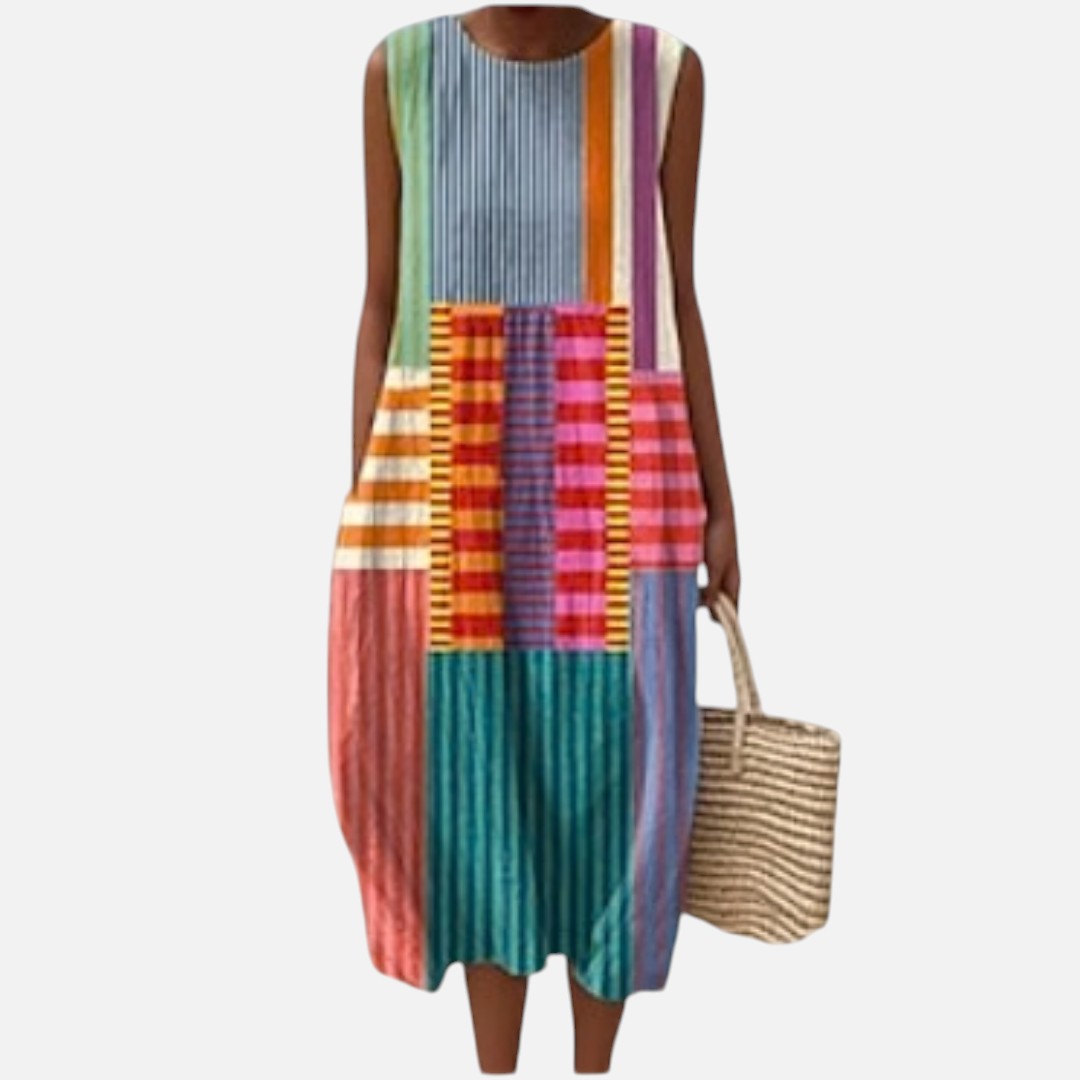 Estela | Vestido midi sin mangas con patchwork de rayas