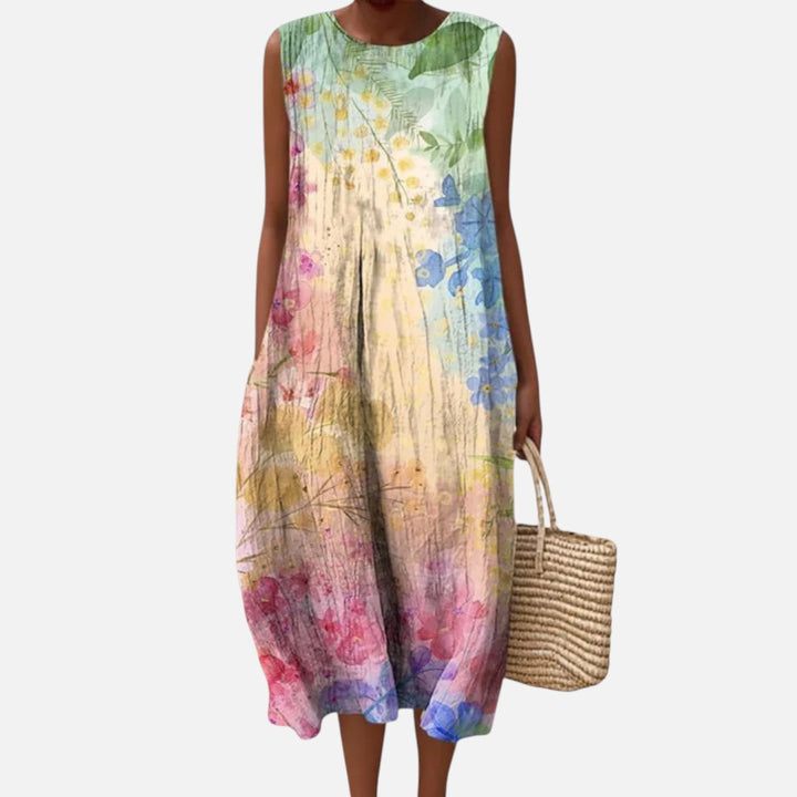 Amparo | Vestido midi sin mangas con acuarela en pastel
