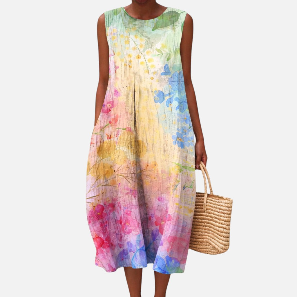 Cristina | Vestido midi sin mangas con acuarela multicolor
