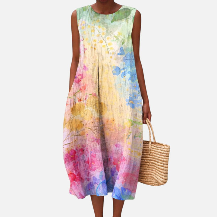 Cristina | Vestido midi sin mangas con acuarela multicolor