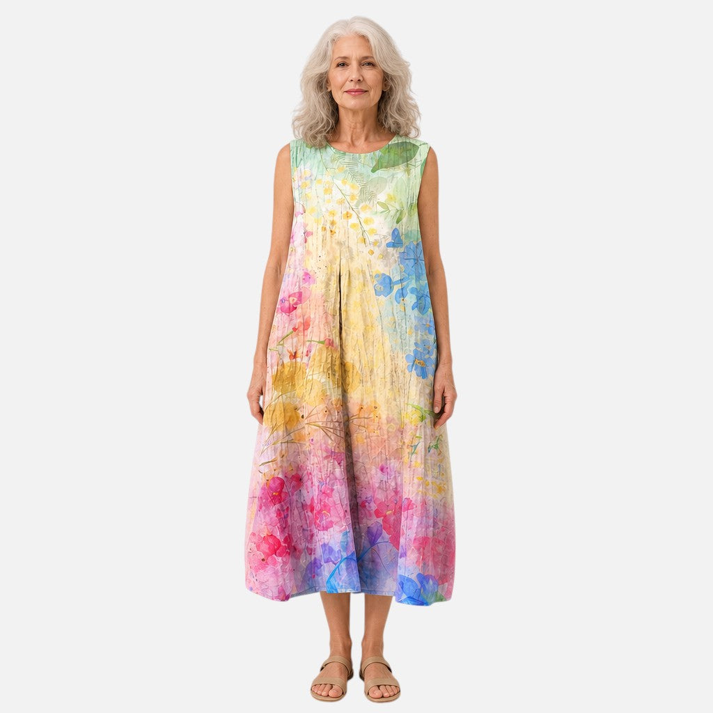 Cristina | Vestido midi sin mangas con acuarela multicolor