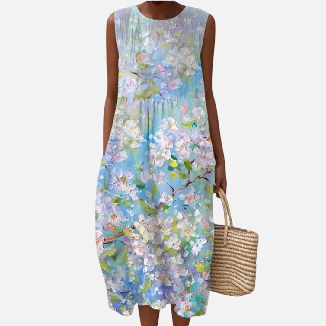 Josefina | Vestido midi sin mangas con flores en acuarela