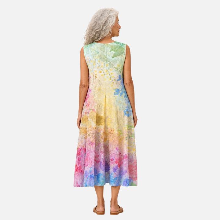 Cristina | Vestido midi sin mangas con acuarela multicolor
