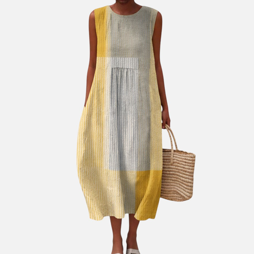 Encarna | Vestido midi sin mangas en amarillo y gris