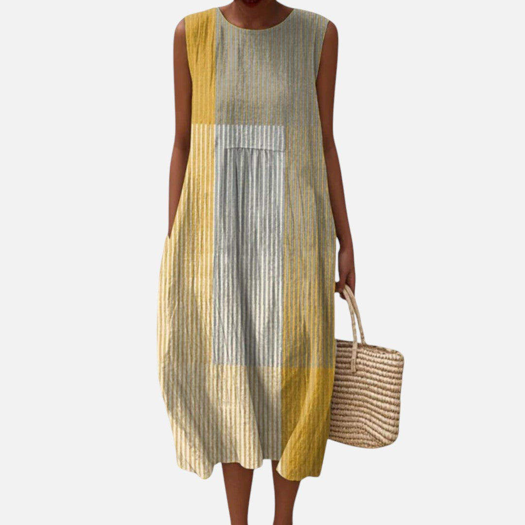 Luisa | Vestido midi sin mangas en amarillo, beige y gris