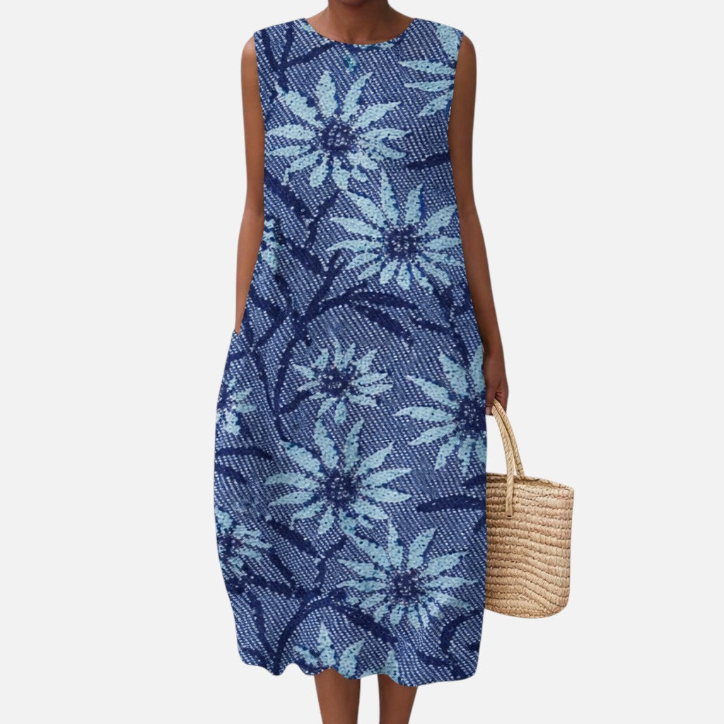 Ariadna | Vestido midi sin mangas con estampado azul artesanal