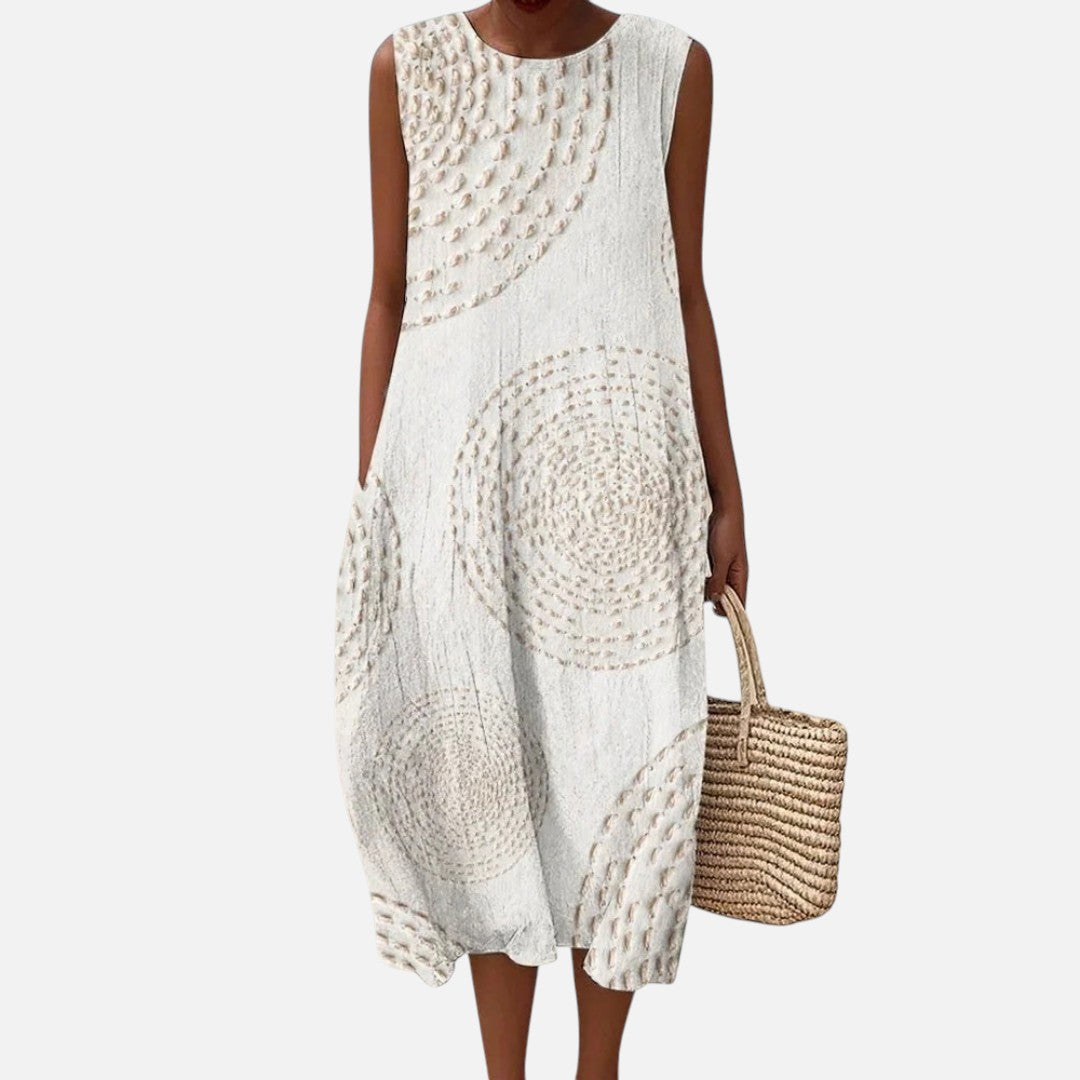 Manuela | Vestido midi sin mangas en blanco con círculos tejidos
