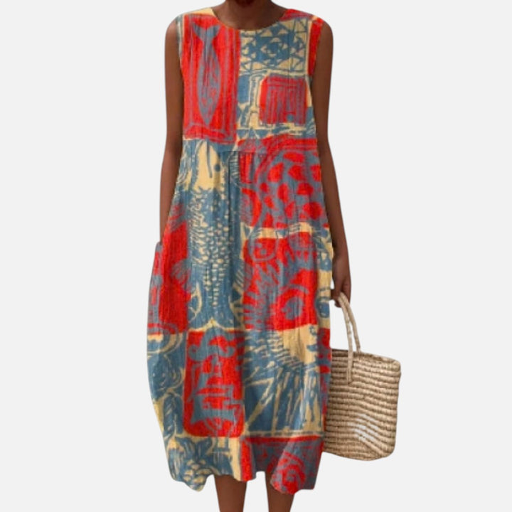 Alicia | Vestido midi sin mangas con collage abstracto