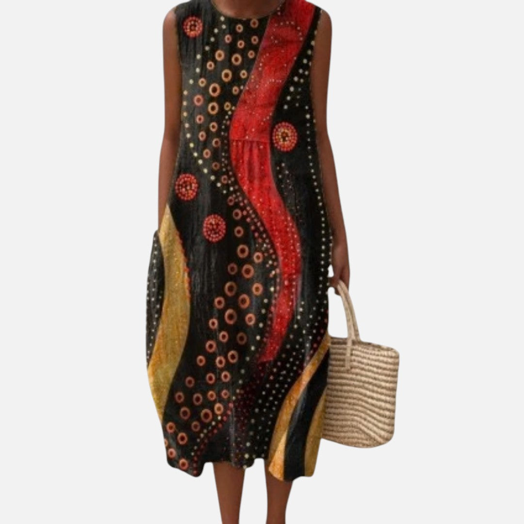 Helena | Vestido midi sin mangas con círculos en rojo y oro sobre negro