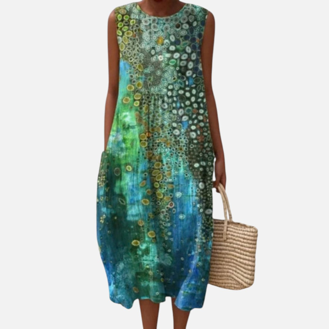 Miriam | Vestido midi sin mangas con círculos en degradado verde