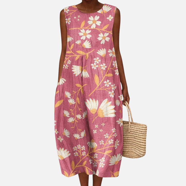 Águeda | Vestido midi sin mangas con ramas floridas sobre rosa palo