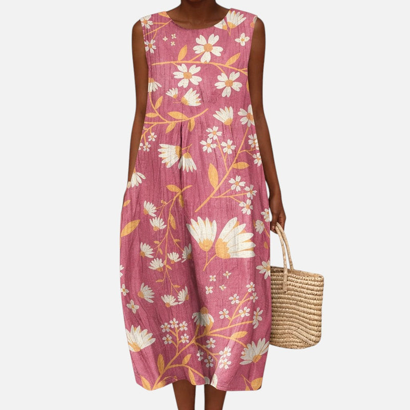 Águeda | Vestido midi sin mangas con ramas floridas sobre rosa palo