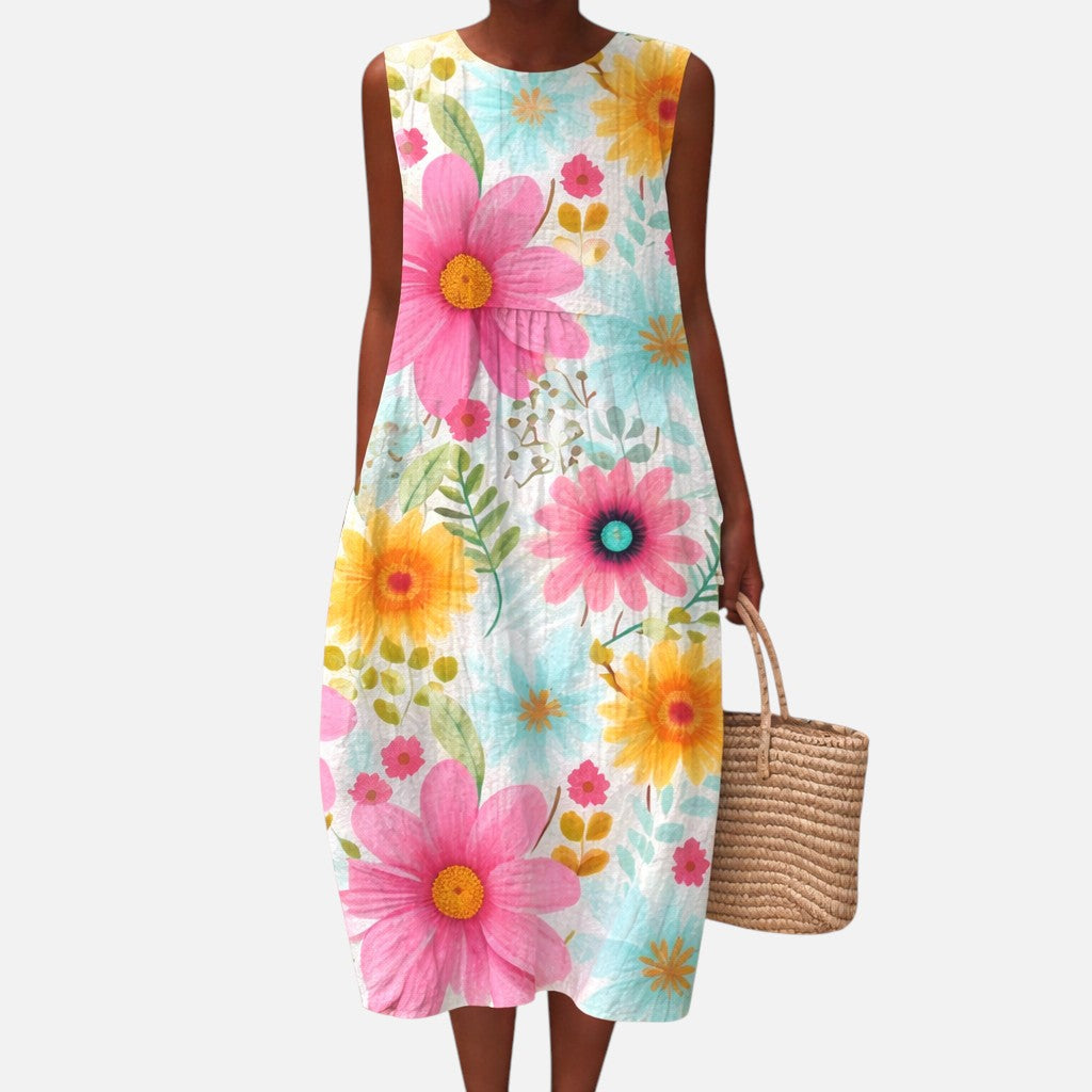 Andrea | Vestido midi sin mangas con margaritas grandes