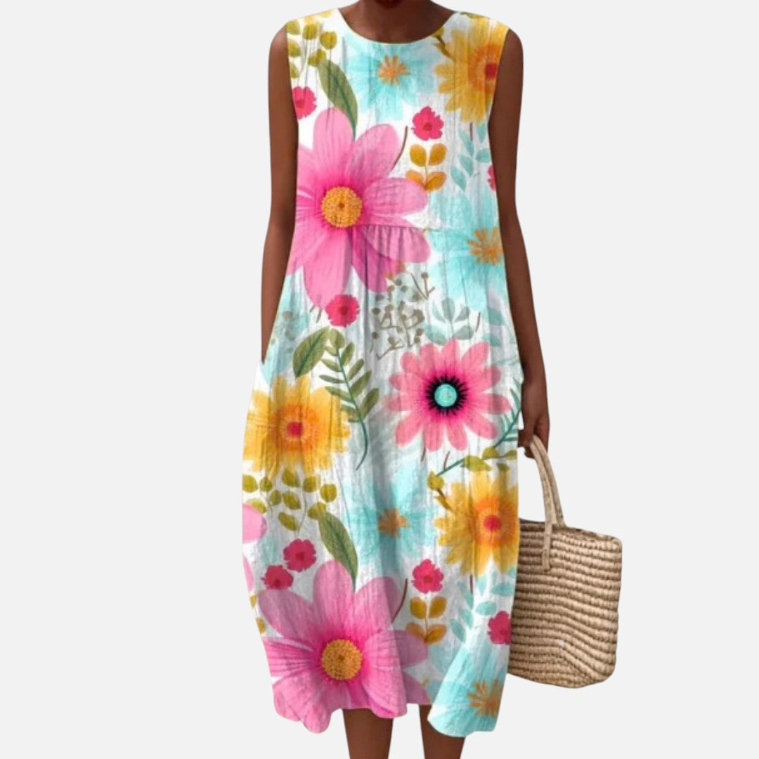 Clara | Vestido midi sin mangas con flores grandes de colores