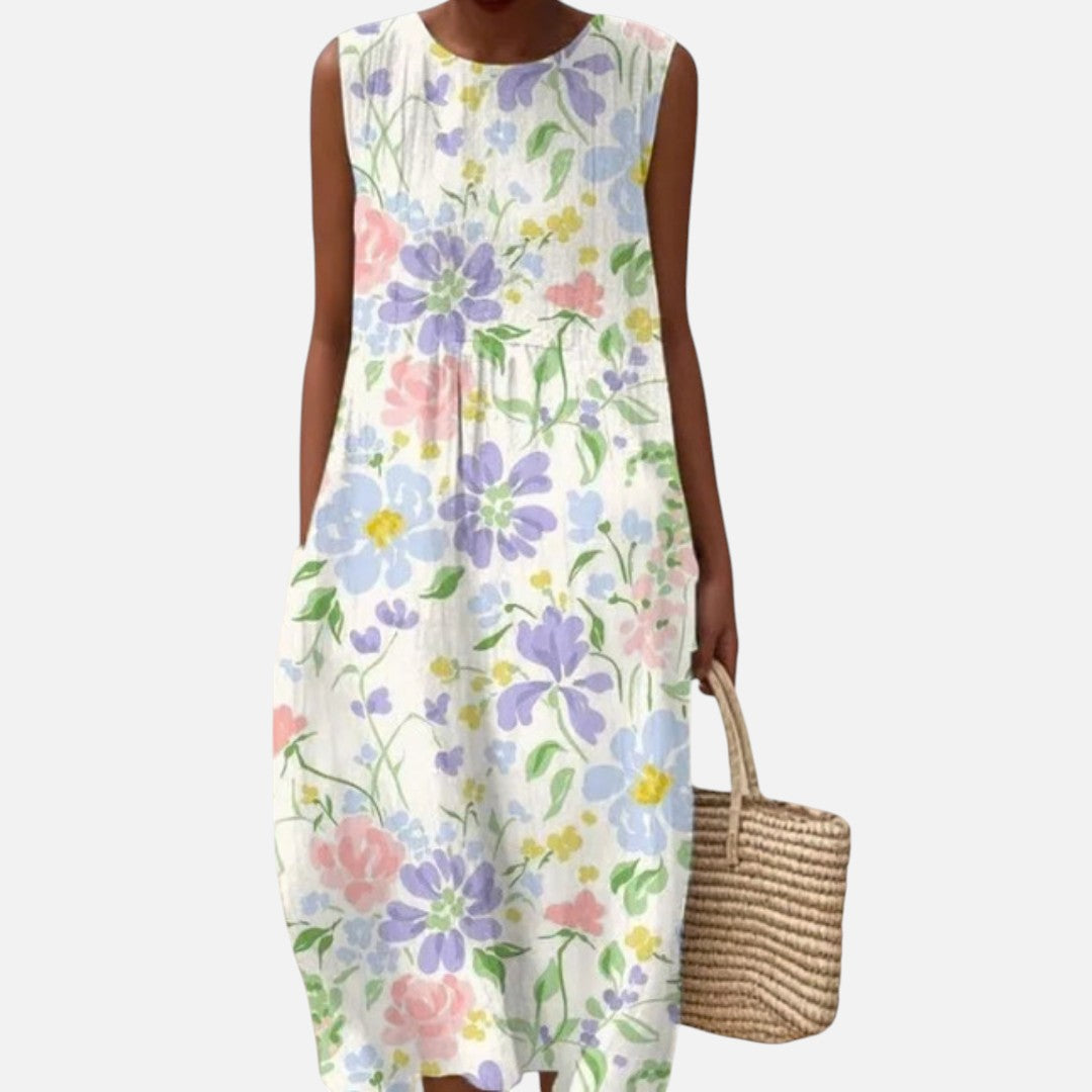 Carla | Vestido midi sin mangas con flores de jardín