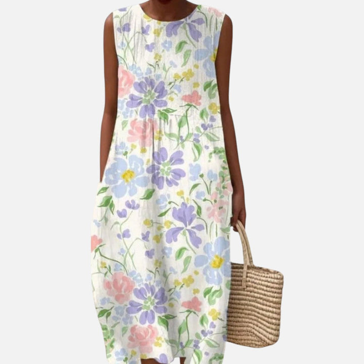 Carla | Vestido midi sin mangas con flores de jardín