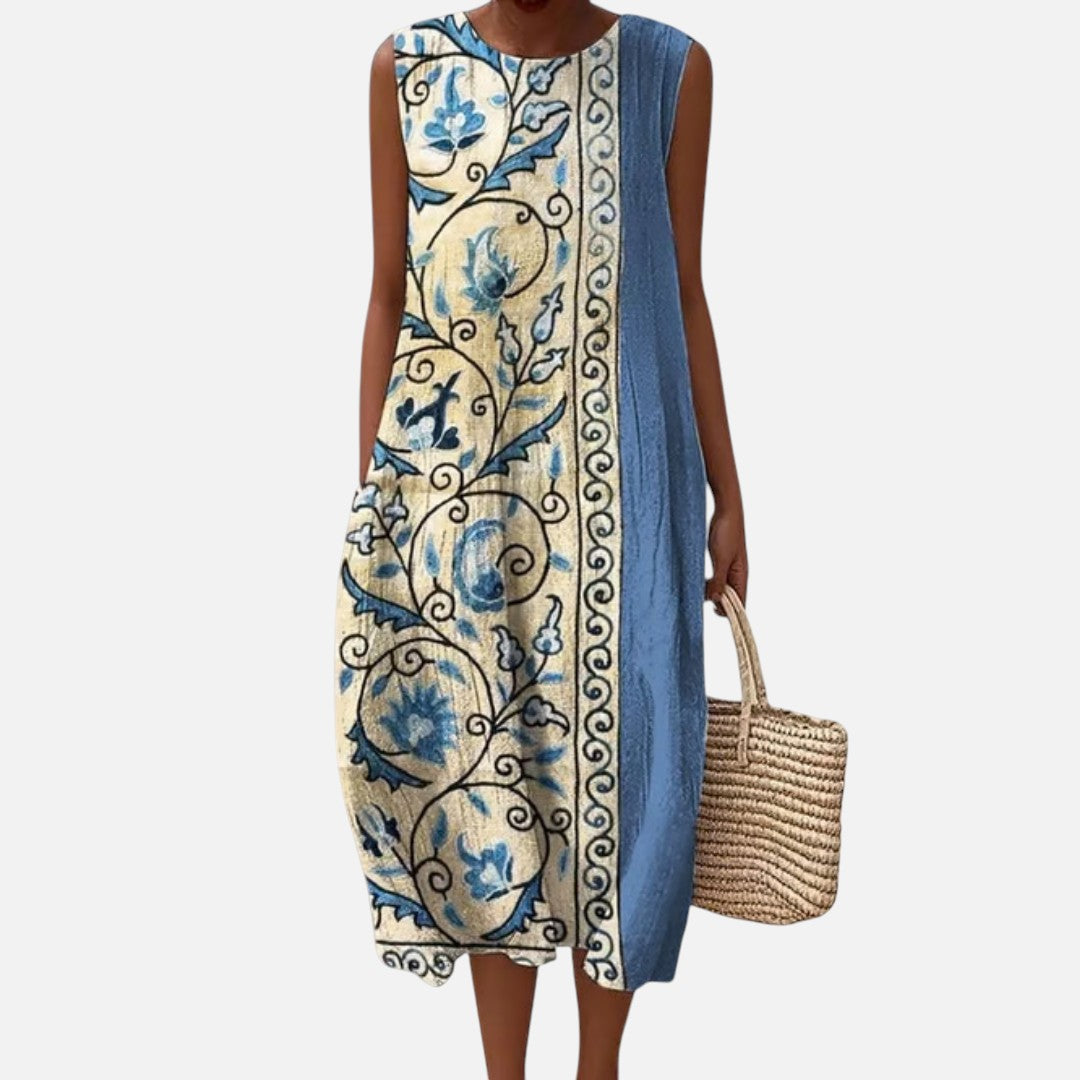 Isabel | Vestido midi sin mangas con cenefa floral azul