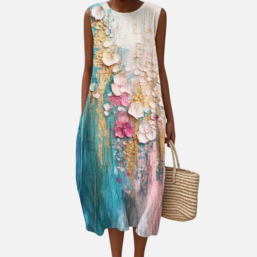 Gemma | Vestido midi sin mangas con flores sobre turquesa y oro