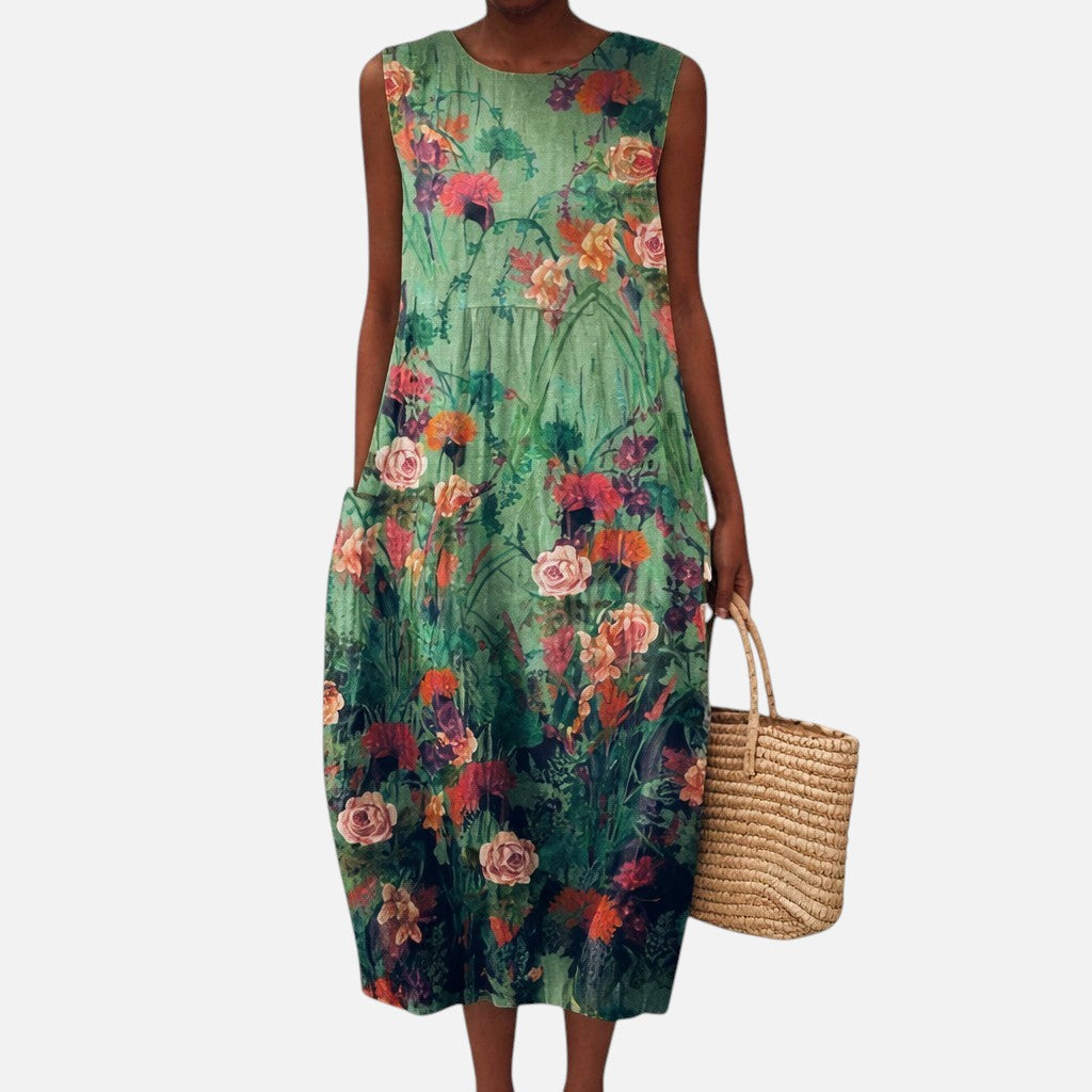 Dolores | Vestido midi sin mangas con rosas sobre verde oscuro