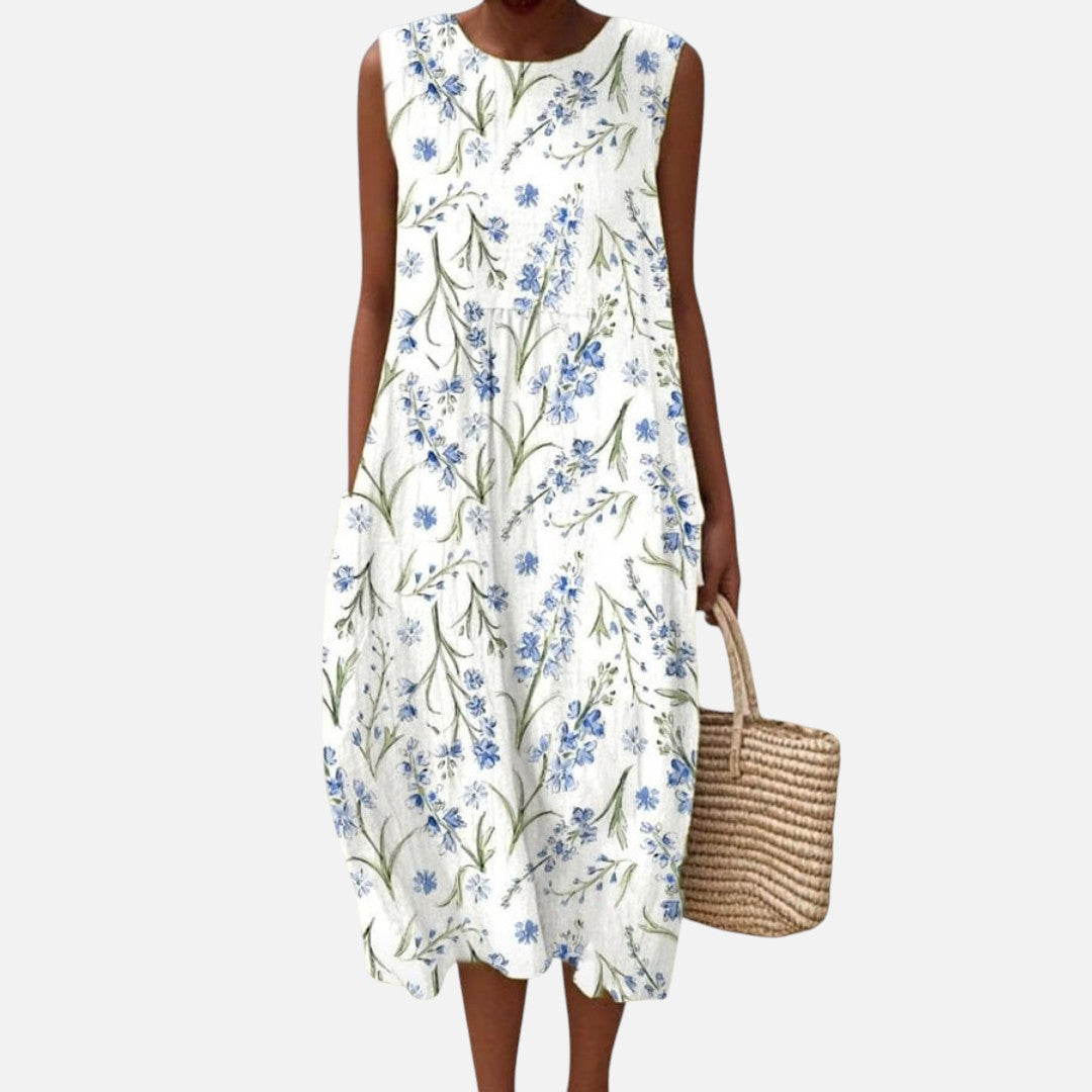 Jimena | Vestido midi sin mangas con flores silvestres azules