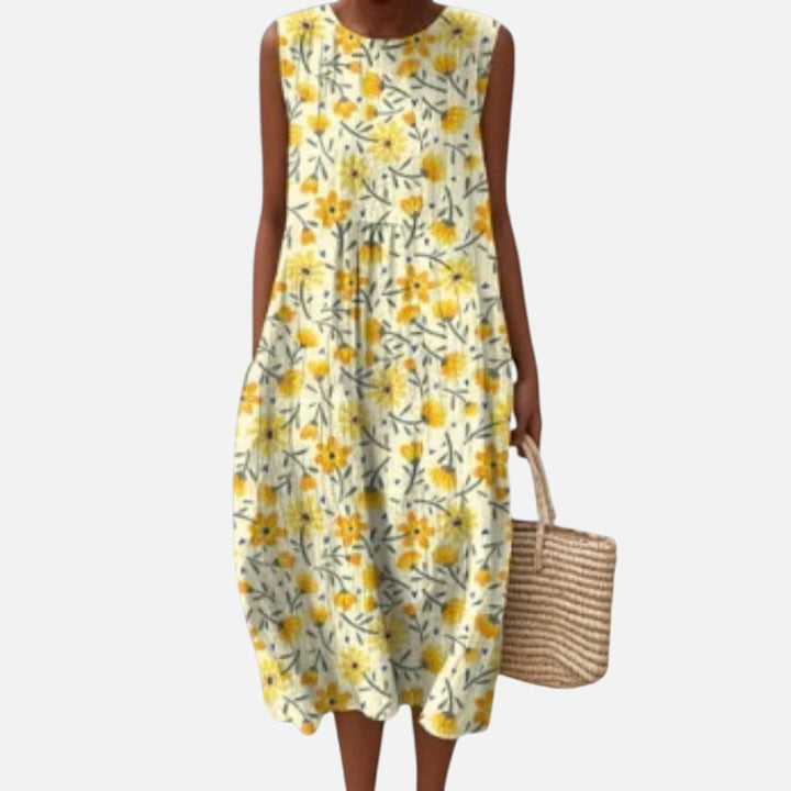 Ángela | Vestido midi sin mangas con florecillas amarillas