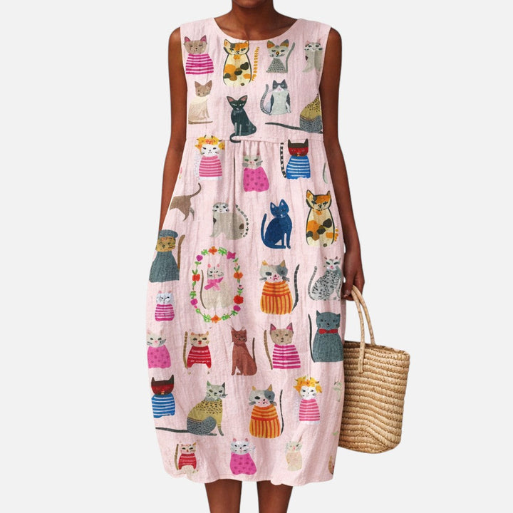 Claudia | Vestido midi sin mangas con estampado de gatos