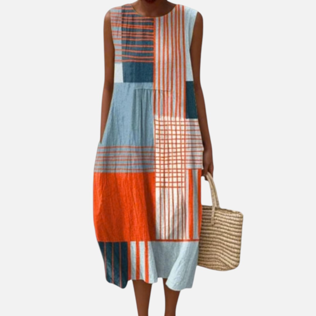 Antonia | Vestido midi sin mangas con rayas y cuadros en naranja y azul