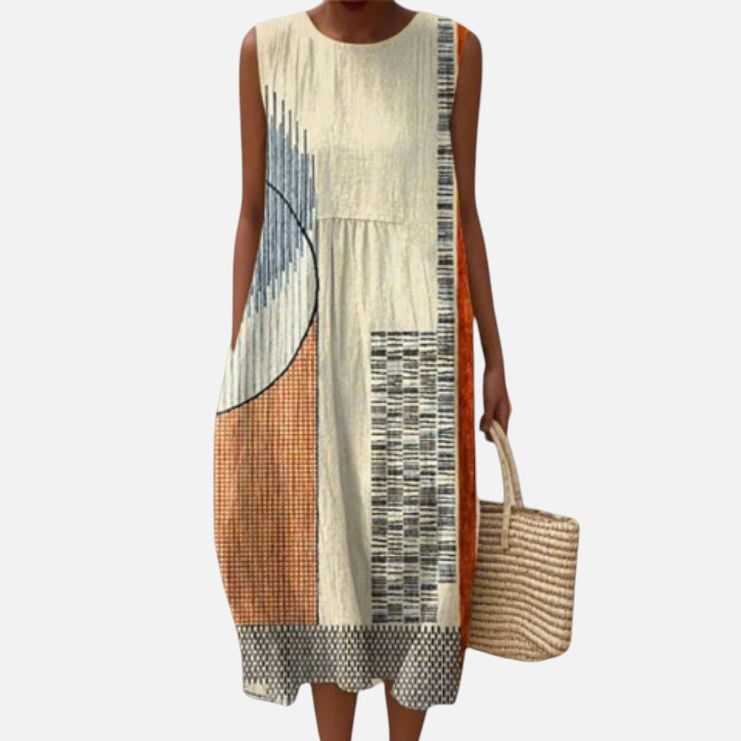 Emilia | Vestido midi sin mangas con patchwork gráfico