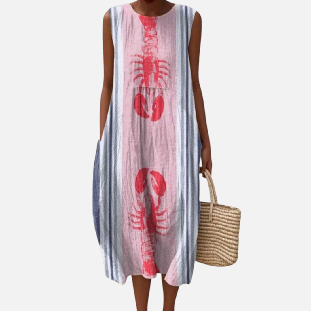 Aurora | Vestido midi sin mangas con bogavantes y rayas