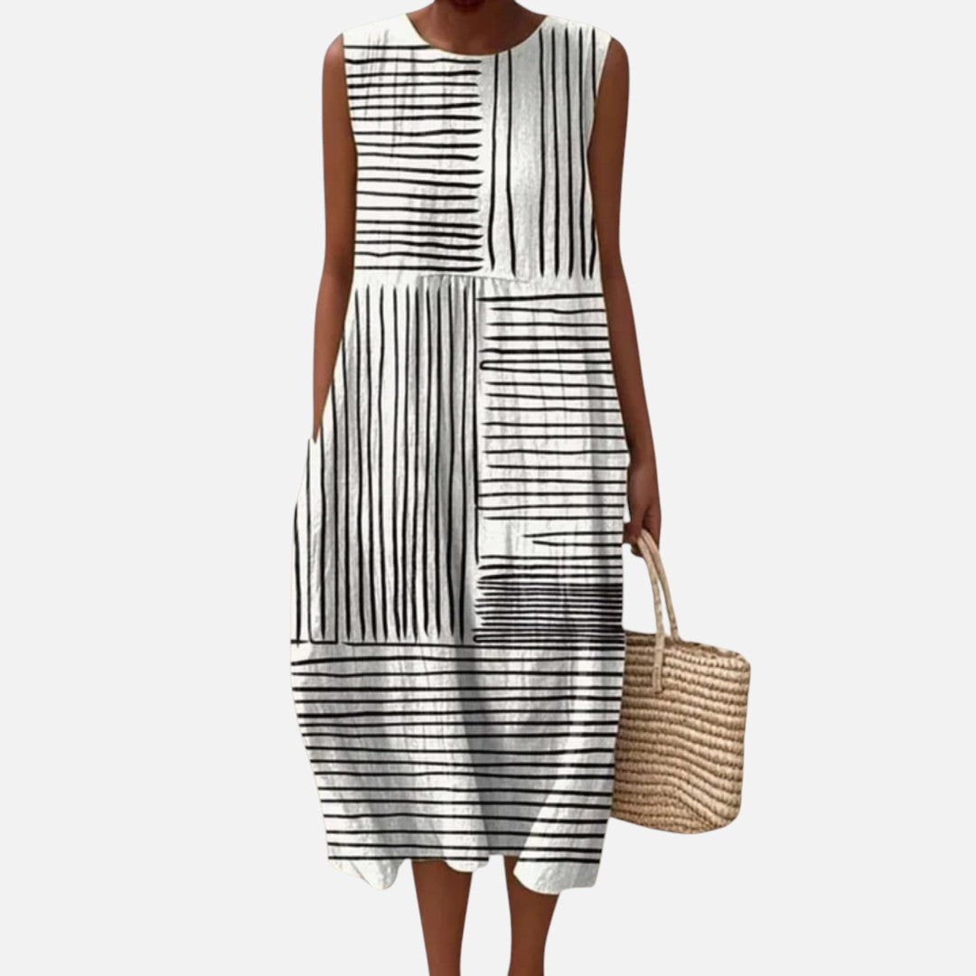 Itziar | Vestido midi sin mangas con líneas en blanco y negro