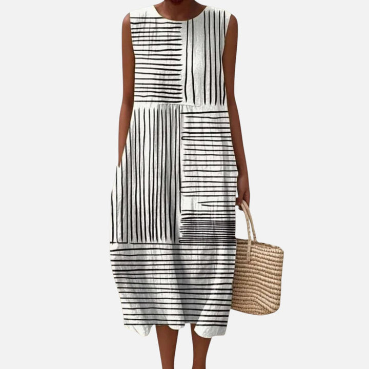 Itziar | Vestido midi sin mangas con líneas en blanco y negro