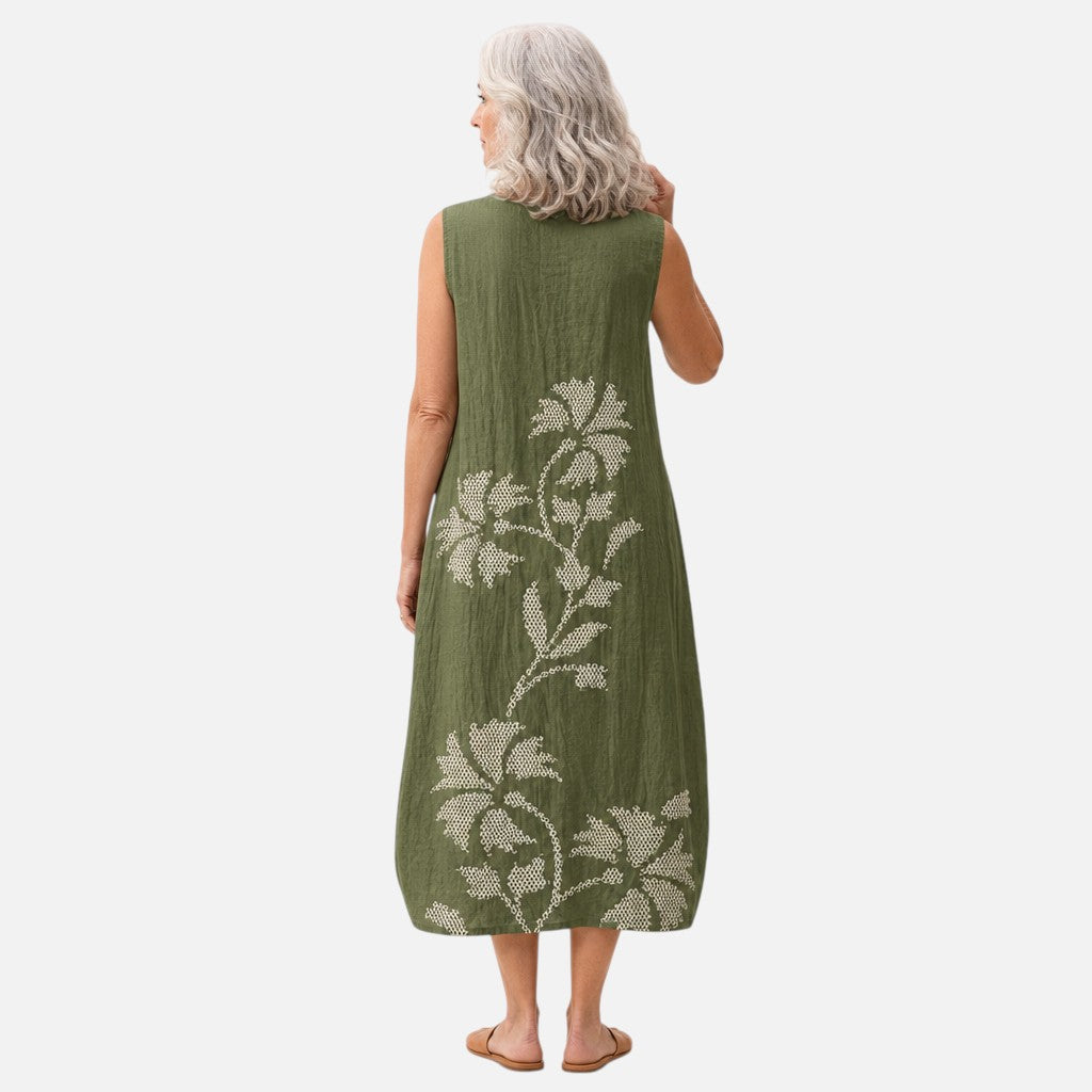 Leticia | Vestido midi sin mangas en verde oliva con ramas blancas
