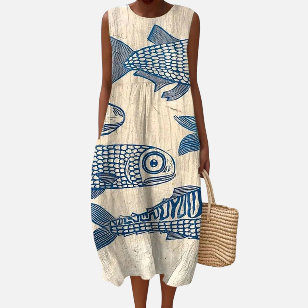 Diana | Vestido midi sin mangas con peces azules
