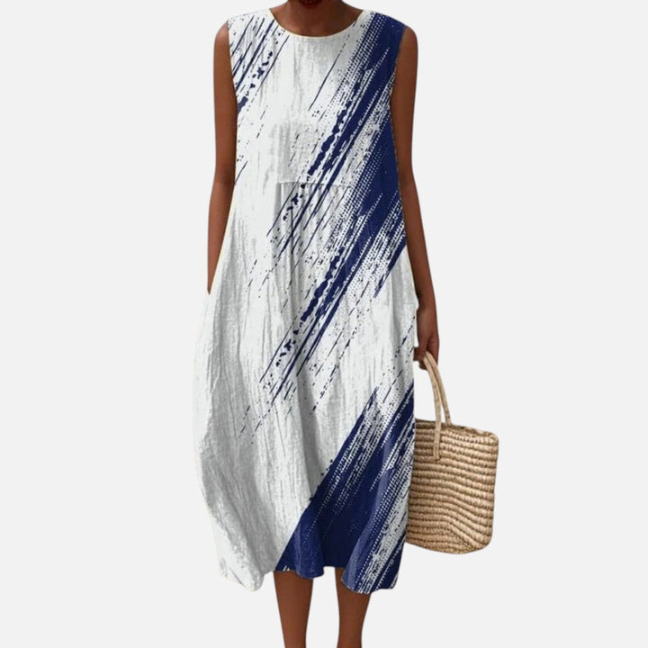 Carlota | Vestido midi sin mangas con pinceladas azul oscuro