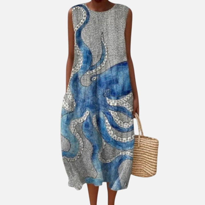 Elvira | Vestido midi sin mangas con pulpo pintado sobre gris
