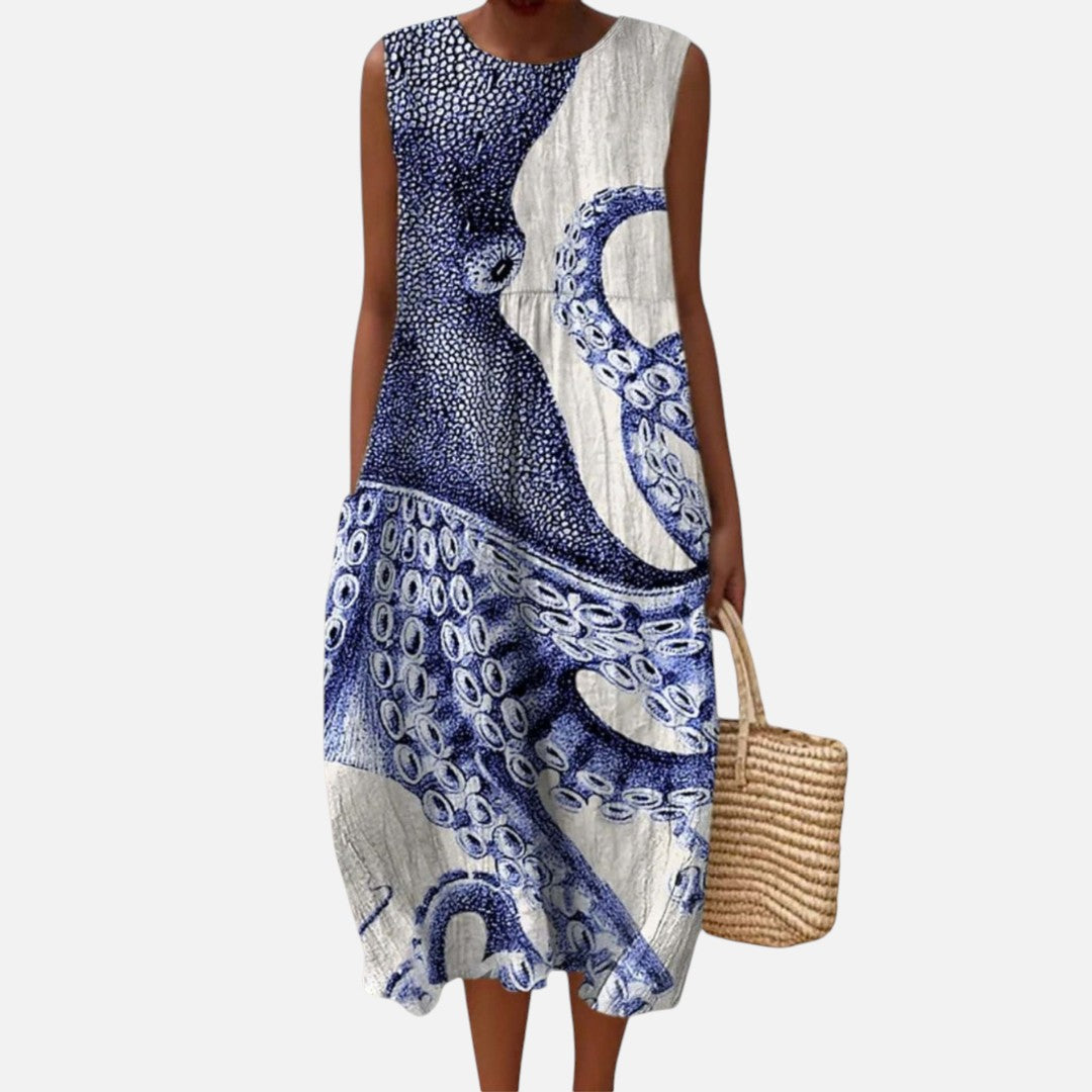 Felisa | Vestido midi sin mangas con pulpo en azul y blanco