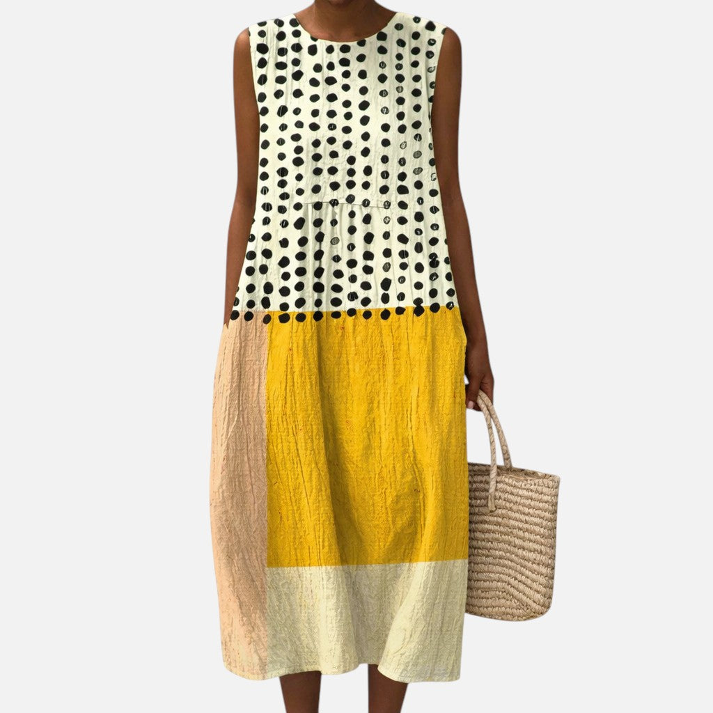 Alba | Vestido midi sin mangas con lunares y bloques de color
