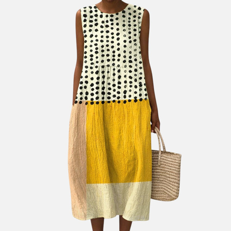 Alba | Vestido midi sin mangas con lunares y bloques de color