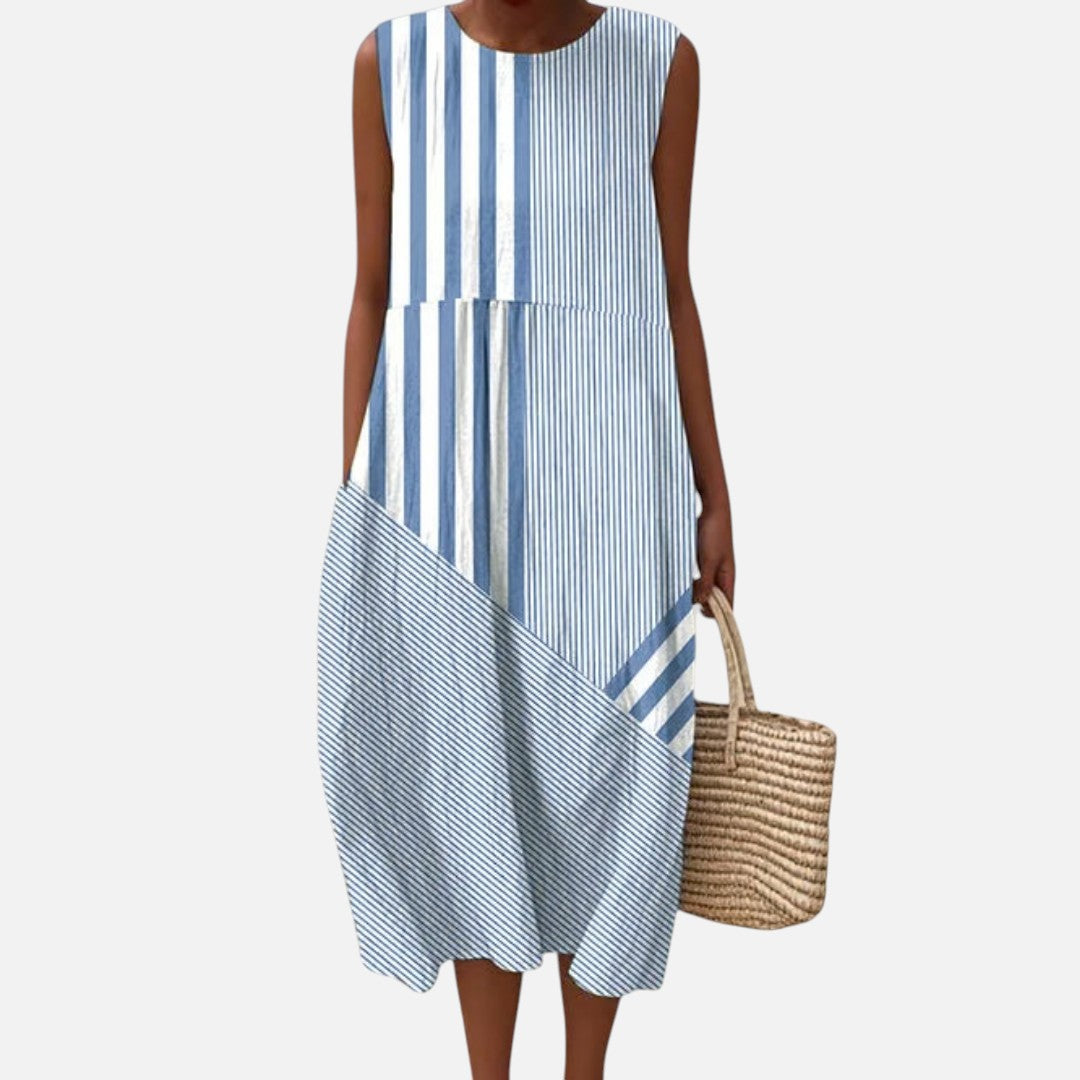 Almudena | Vestido midi sin mangas de rayas azules y blancas